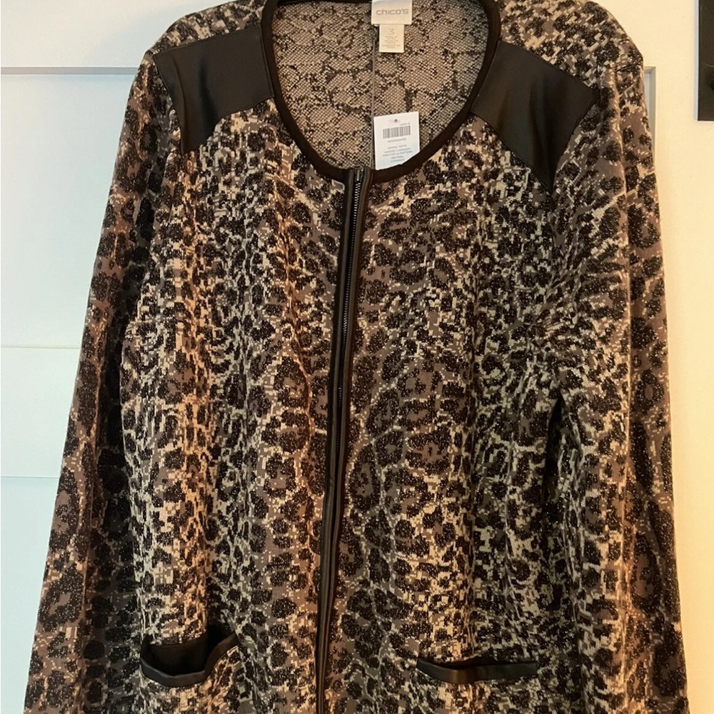 Chicos Animal Moto Caridee Cardigan Sweater Leopard Print BrownSparkly Sz 3 (XL)